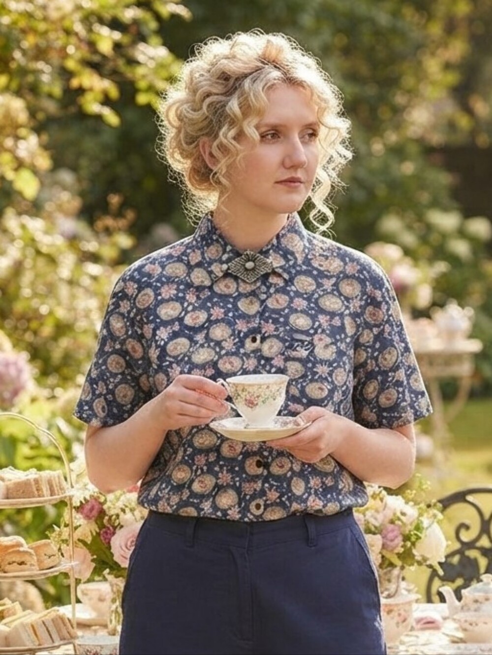Silk Vintage Lady Footlocker Oversized Navy Floral Short-Sleeve Button-Up Shirt